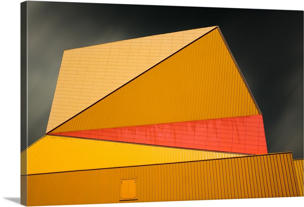 Angular yellow roof of the Agora theater in Lelystad, Netherlands.