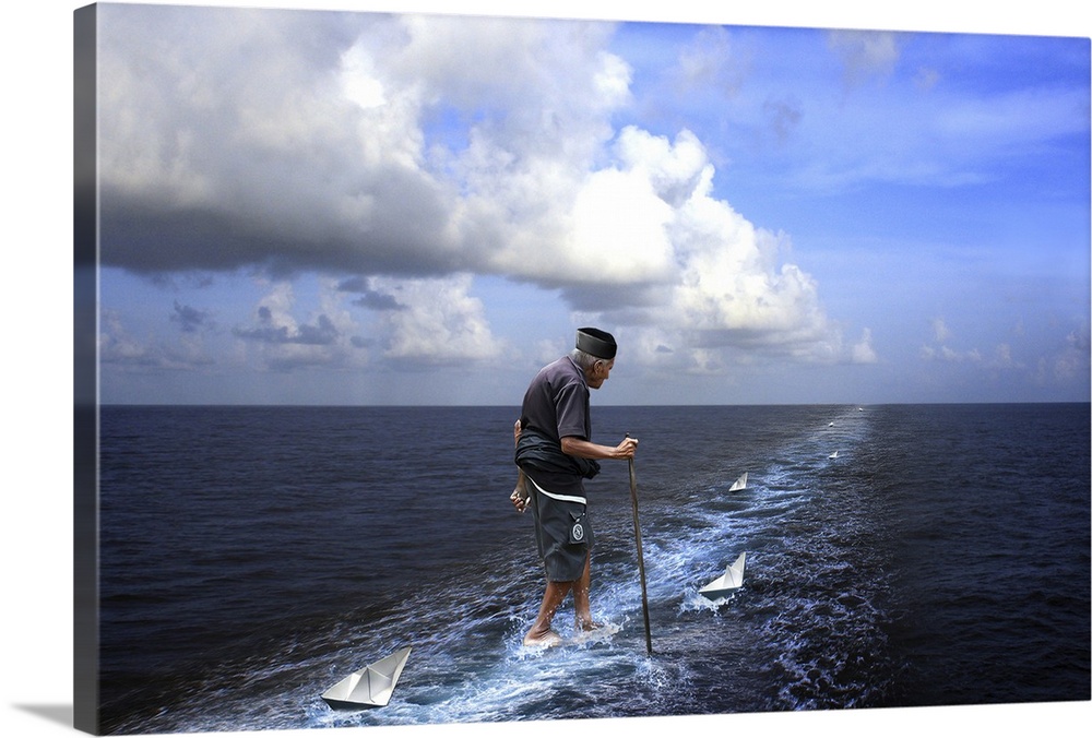 Elderly man walking on the ocean with paper boats guiding the way.