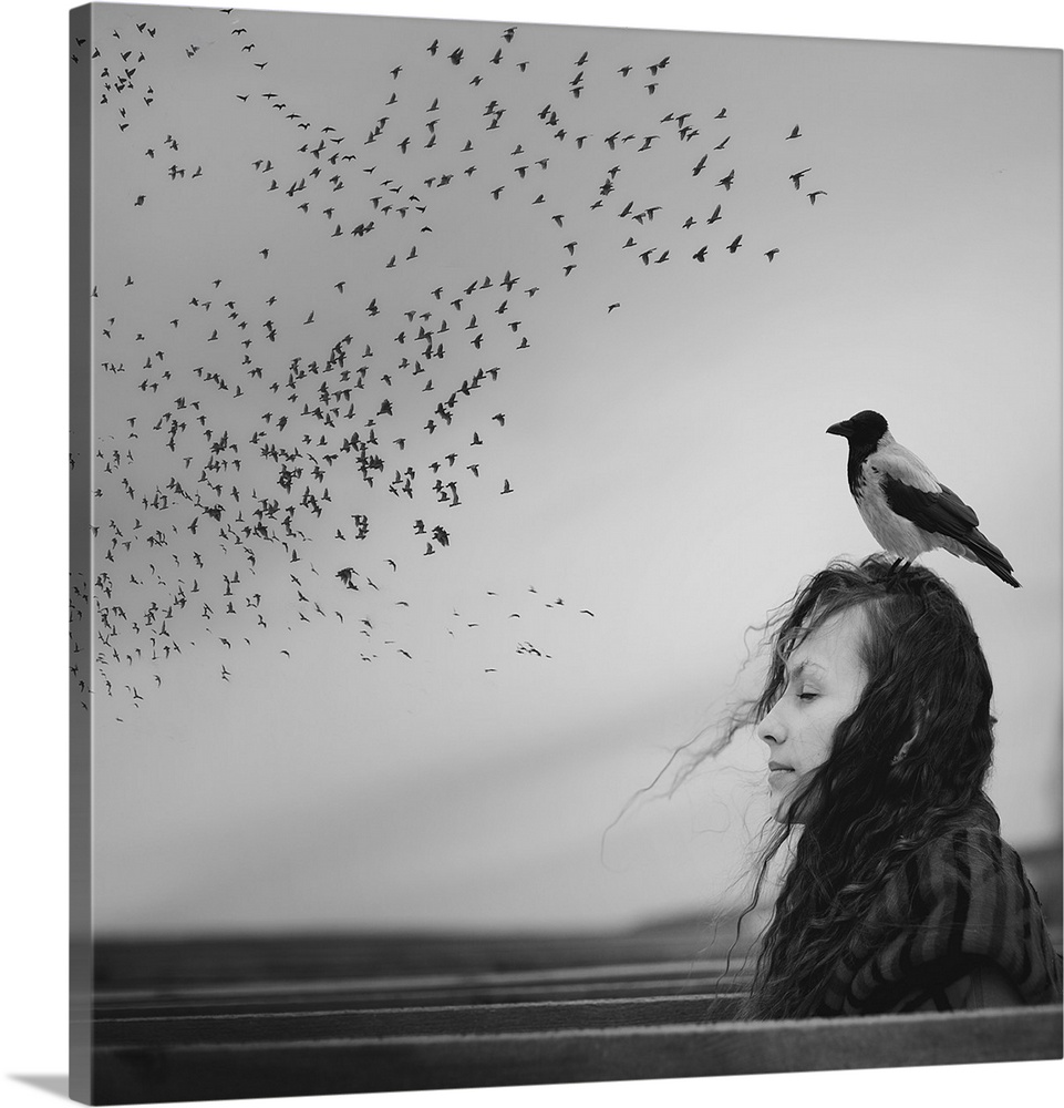 Black and white portrait of a woman with a magpie standing on her head, looking at a flock of birds in the sky.