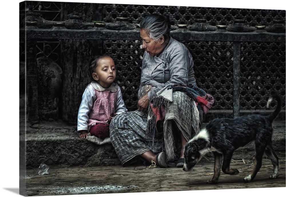 A child, grandmother, and dog in the streets of Kathmandu, Nepal.