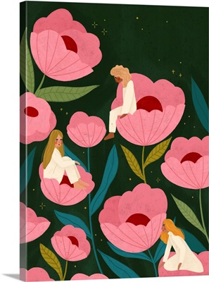 Three Women Sitting On Large Pink Flowers