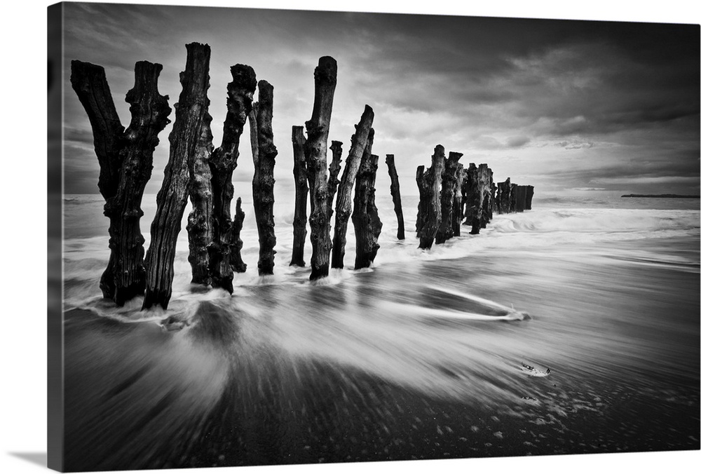 Decaying wooden posts standing in the shallow ocean water at the beach.