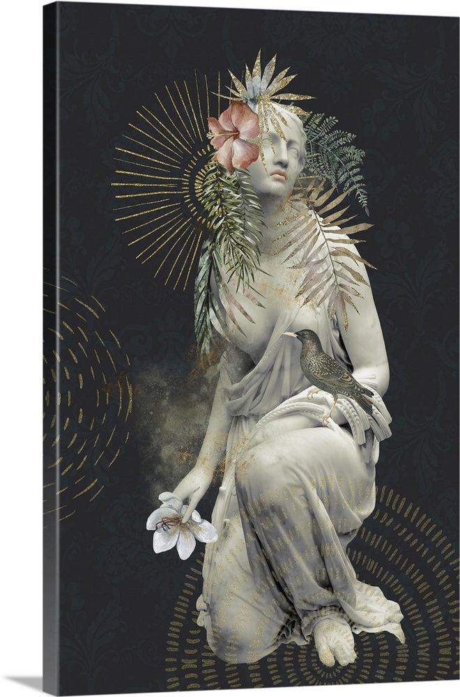 Collage with historic female marble statue featuring the beauty and strength of woman.