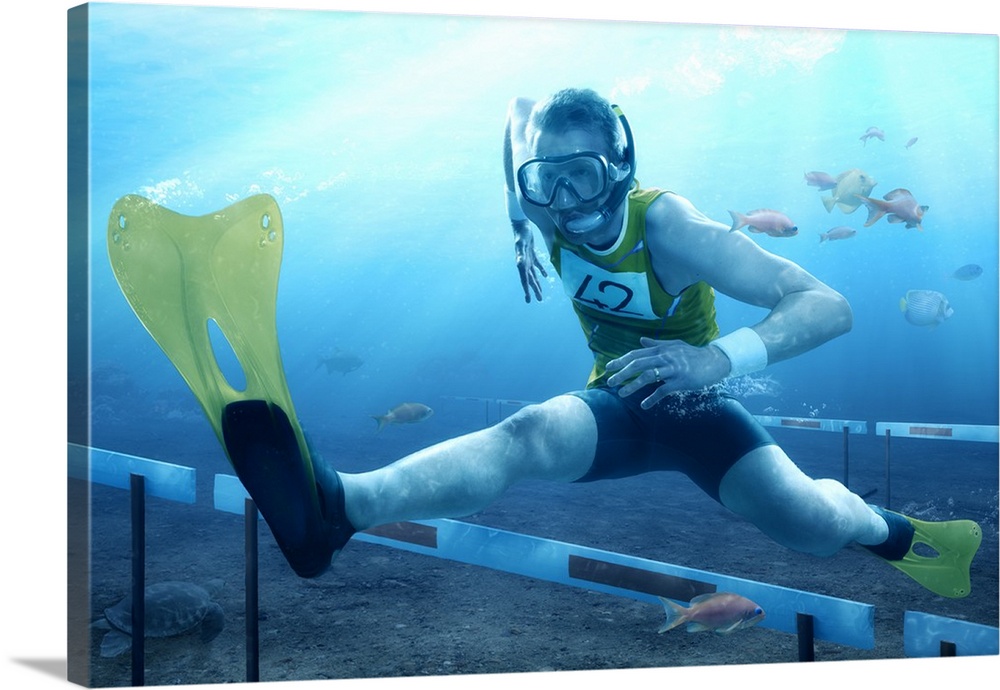 Humorous image of a runner wearing swimfins and a snorkel jumping over hurdles underwater.