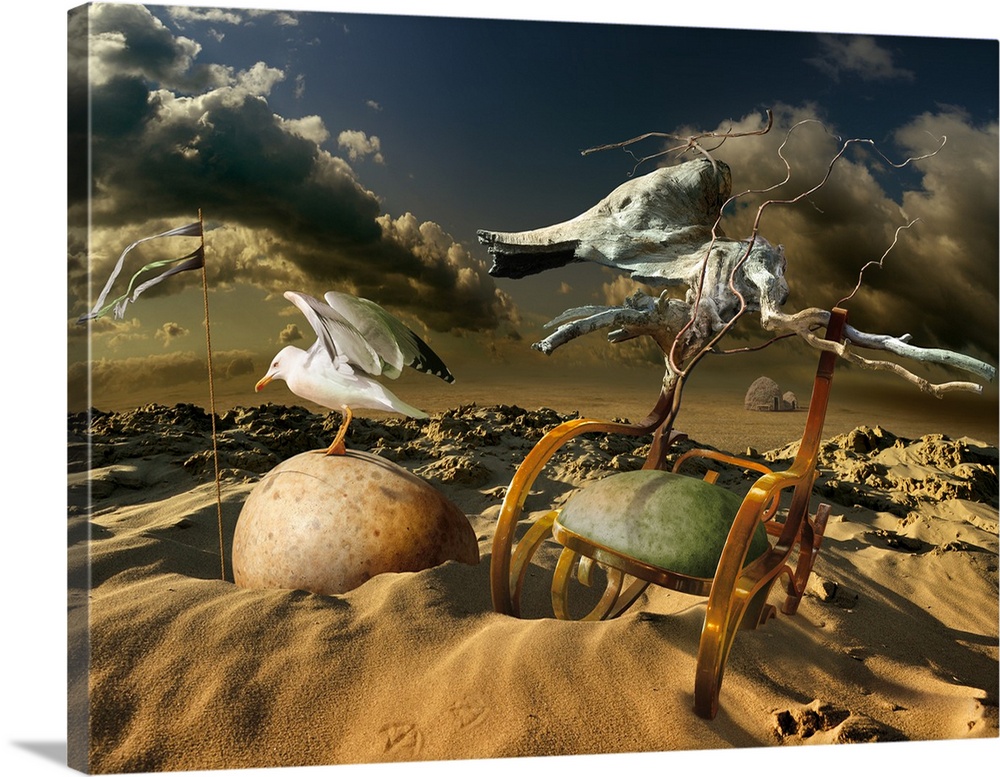 Conceptual artwork of a decorative chair and a large egg with a seagull in sand dunes.