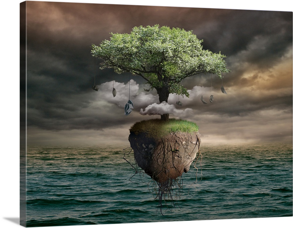 Conceptual artwork of a tree on an island floating above the ocean.