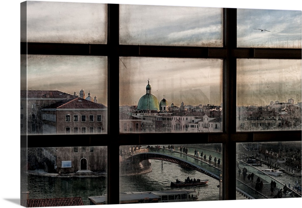 A view of Venice out a dirty window, Italy.