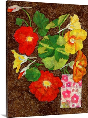 Vibrant Nasturtiums And Leaves In A Patterned Vase