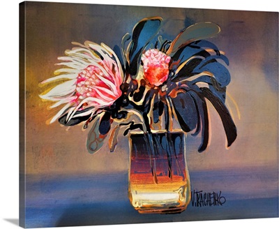 Vibrant Protea Flowers In A Glass Vase