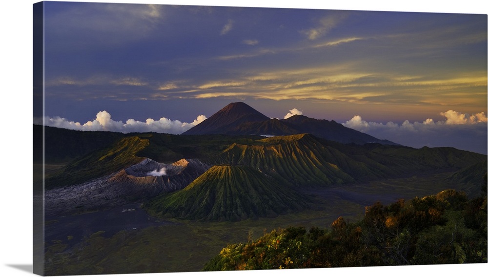 Beautiful mountain landscape in Java, Indonesia, with Bromo volcano in the center.