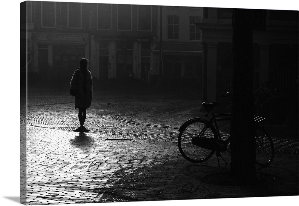 A silhouetted woman standing in a street near a bicycle, Haarlem, Netherlands.