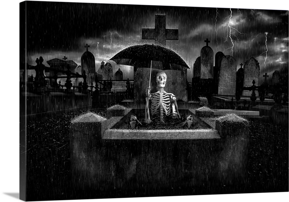 Conceptual image of a skeleton holding an umbrella in a tombstone during a thunder storm.