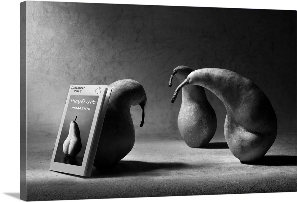 Humorous image of a family of pears with one hiding a naughty magazine.