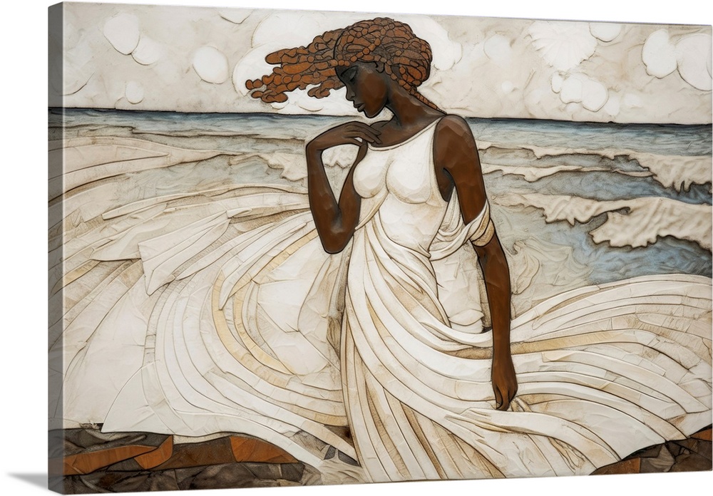 A contemporary yet classic collage of a Black woman in a large flowing white dress in front of the ocean