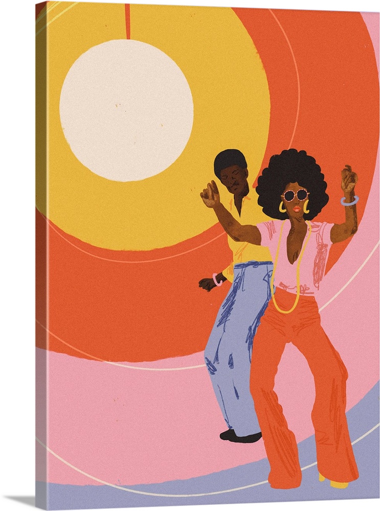 A fun retro style illustration of a stylish couple in 1970's attire dancing in front of a funky colored background