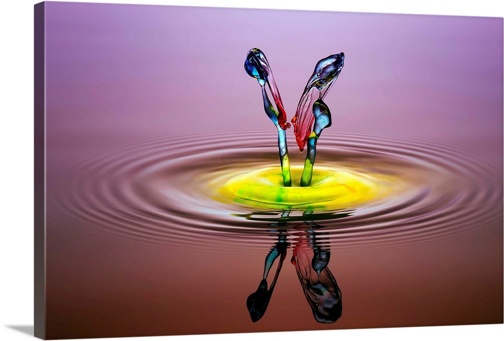 A macro photograph of a colorful splash of a droplet of water.
