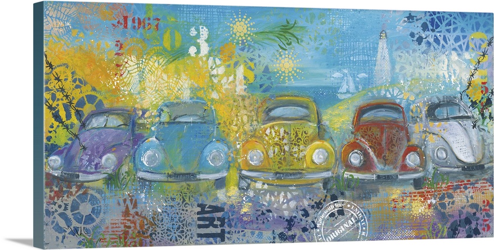 A row of colorful Volkswagen Beetles embellished with paint splatters and stenciled letters.