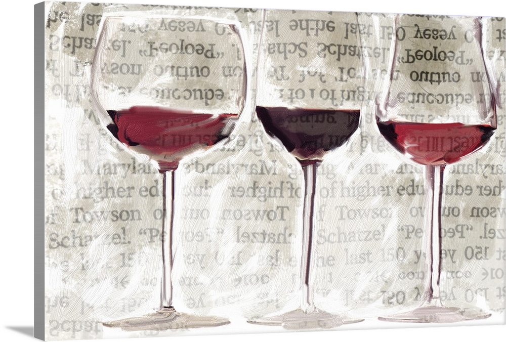 Contemporary painting of wine glasses with red wine in each on a white background with faint typed text.