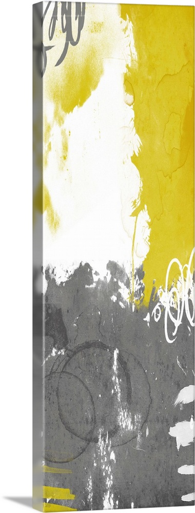 Vertical contemporary abstract art in shades of white, grey, and yellow.