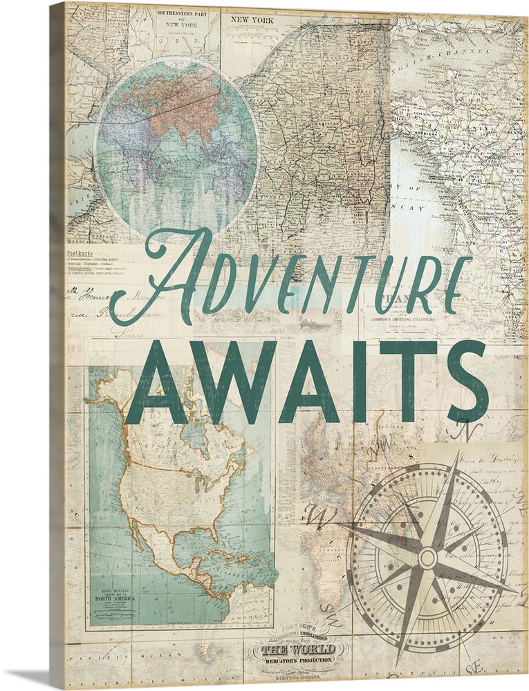 Bold lettering over a variety of vintage maps and a compass rose design.