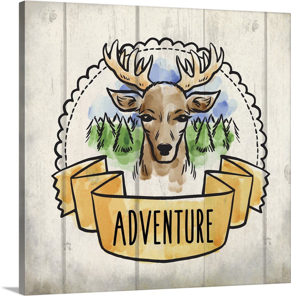 Wanderlust themed design with a banner reading "Adventure" and a deer portrait.
