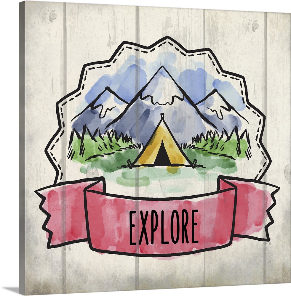 Wanderlust themed design with a banner reading "Explore" and a tent in front of mountains.