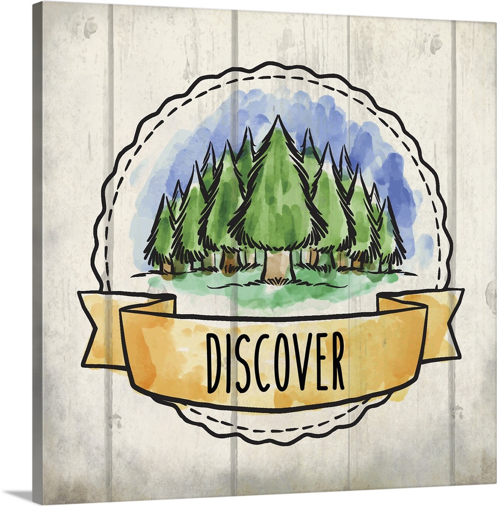 Wanderlust themed design with a banner reading "Discover" and a green forest.