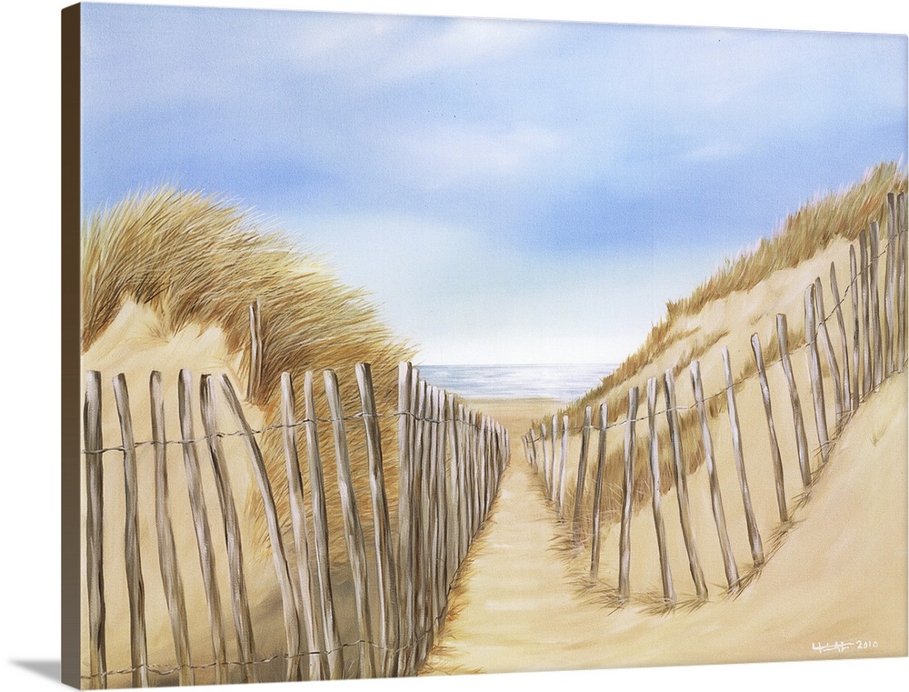 Contemporary painting of wooden fences lining a path to a sandy beach on the coast.