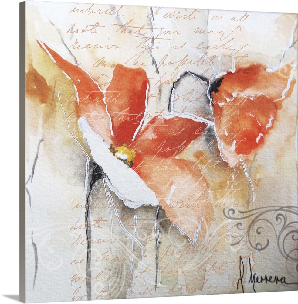 Contemporary painting of orange poppy flowers embellished with handwriting and swirls.