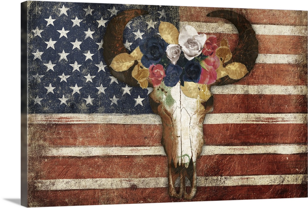 A rustic American flag with a bull skull wearing a crown of flowers on top.