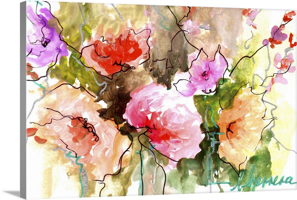 Contemporary watercolor painting of vibrant pink and orange flowers.