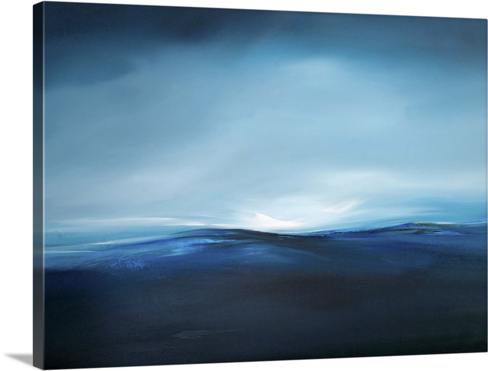 A seascape with stark contrast between the dark see and light sky.