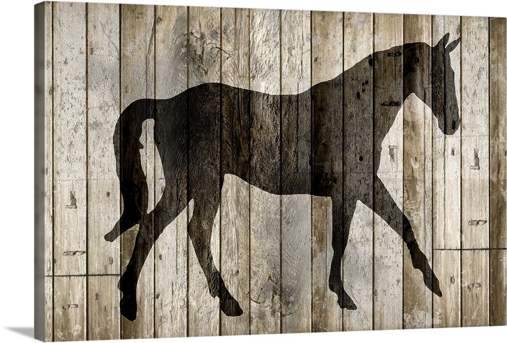 A silhouette of a horse on a rustic wood paneled background.