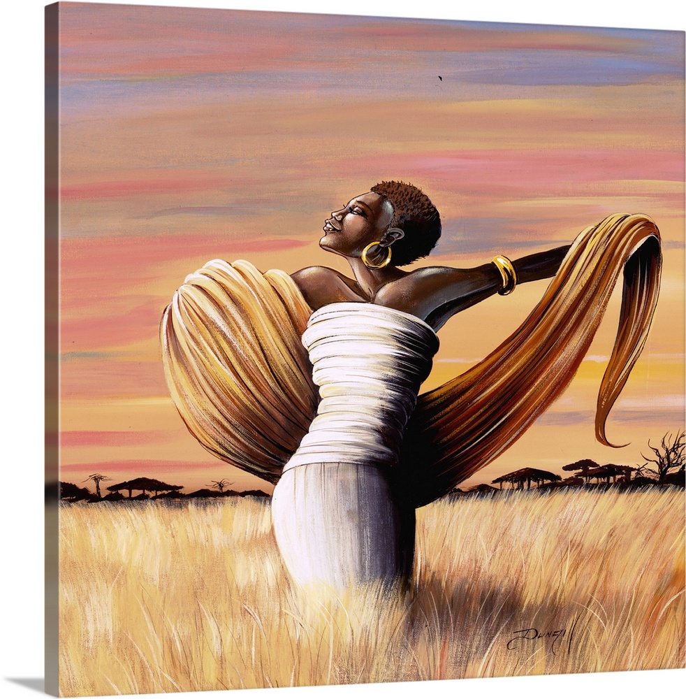Contemporary African painting of a woman in a field raising her arms.