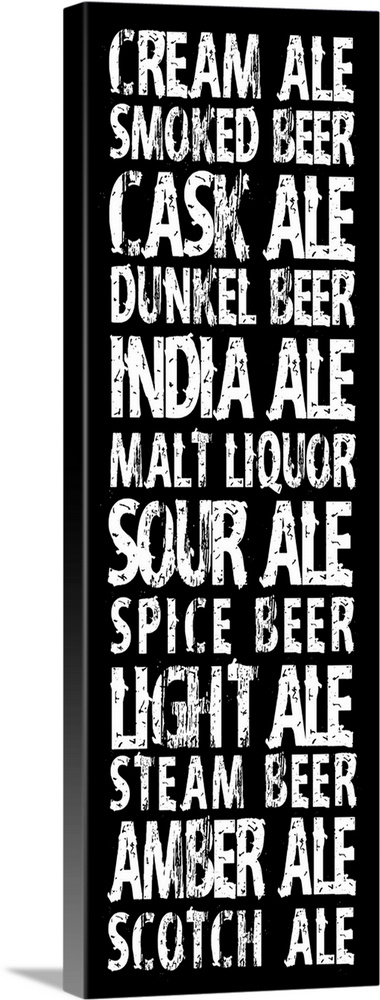 Typography art in vertical orientation listing different kinds of beer, in a grungy urban style of text.