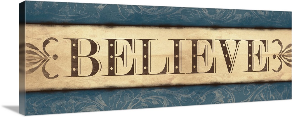 Landscape oriented inspirational artwork with the word "Believe" in the center of the image. With a floral patterned backg...