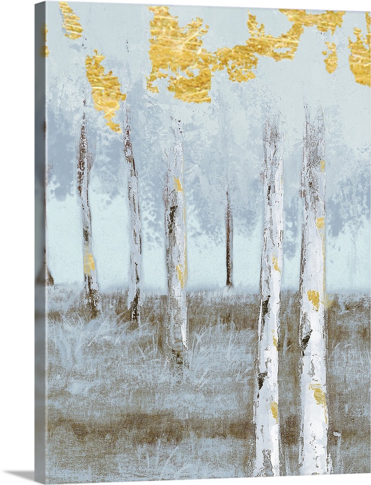 Contemporary painting of a grove of grey birch trees with bright gold leaves.