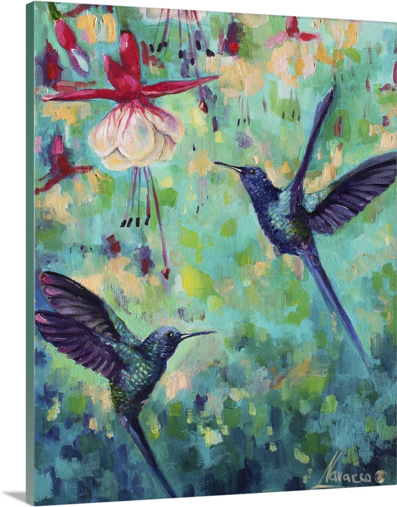 Contemporary painting of hovering hummingbirds around vibrant flowers.