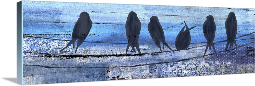 Contemporary artwork of silhouetted birds on a line against a blue background.