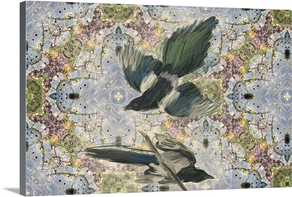 Contemporary painting of two birds in flight on a blue, purple, and green decorative background.