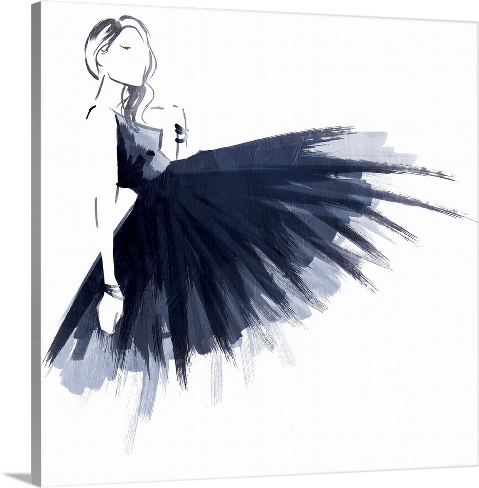 Square illustration of a woman wearing a navy blue dress.