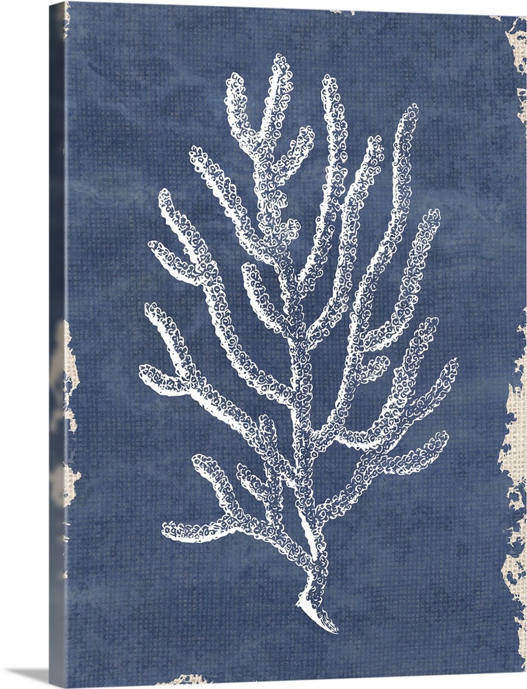 White coral painting on a blue and tan burlap background.
