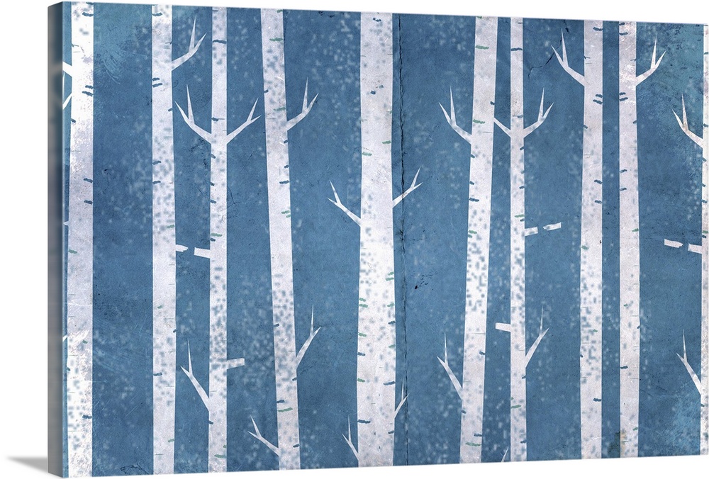 Contemporary painting of white rustic cut-out style trees against a blue background.