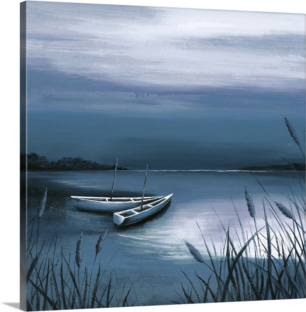 Painting of two wooden boats at the edge of a lagoon in shades of deep blue.
