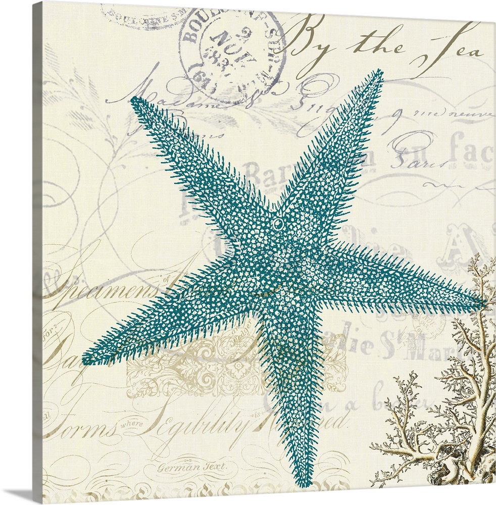 Artwork of a blue starfish against a beige background with a postage stamp and script written on it.