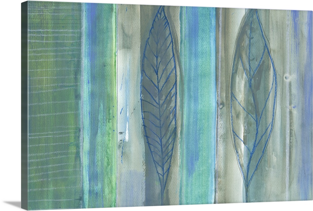 Contemporary abstract artwork of vertical blocks of color with leaf imprints.