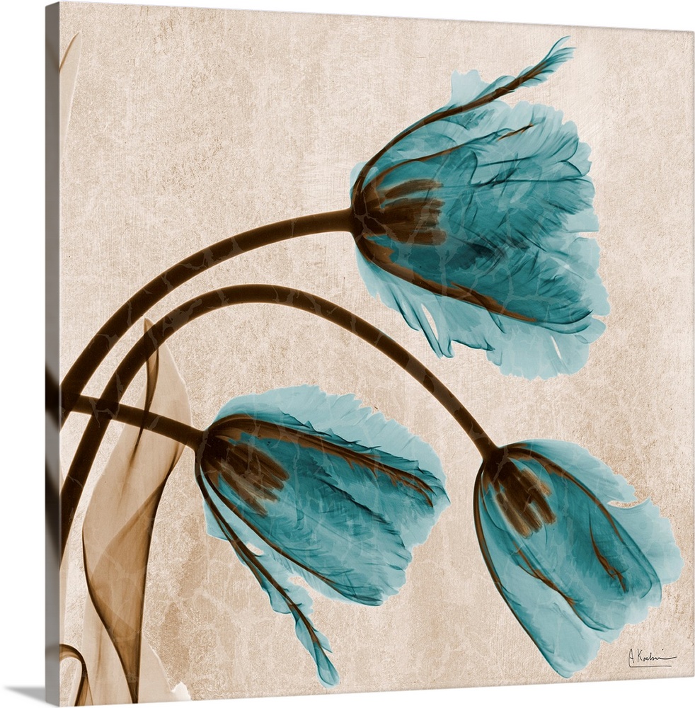 This square shaped decorative accent shows transparent flower blossoms dipping and drooping  across the photograph.