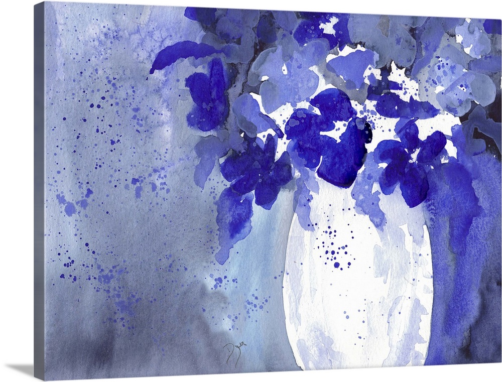 Cool toned watercolor painting of a bouquet of flowers in a vase