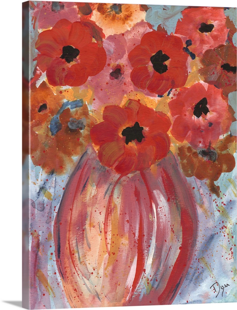 Contemporary painting of a vase holding warm toned flowers.