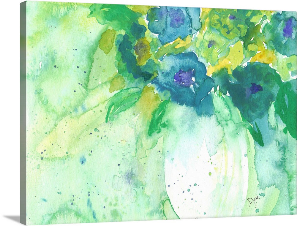 Cool toned watercolor painting of a bouquet of flowers in a vase